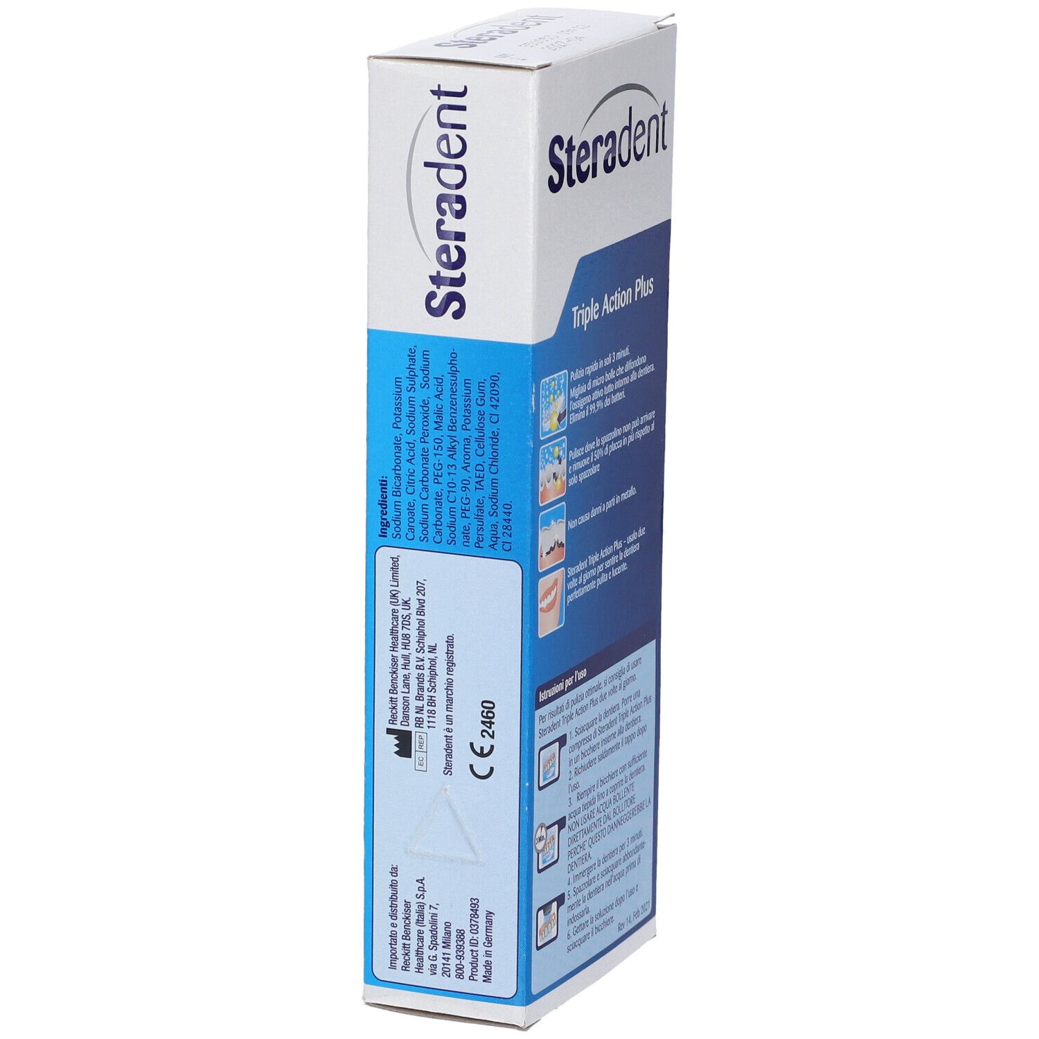 Steradent Triple Action Plus Express Tablettenbox mit Anwendungshinweisen und Produktabbildungen.
