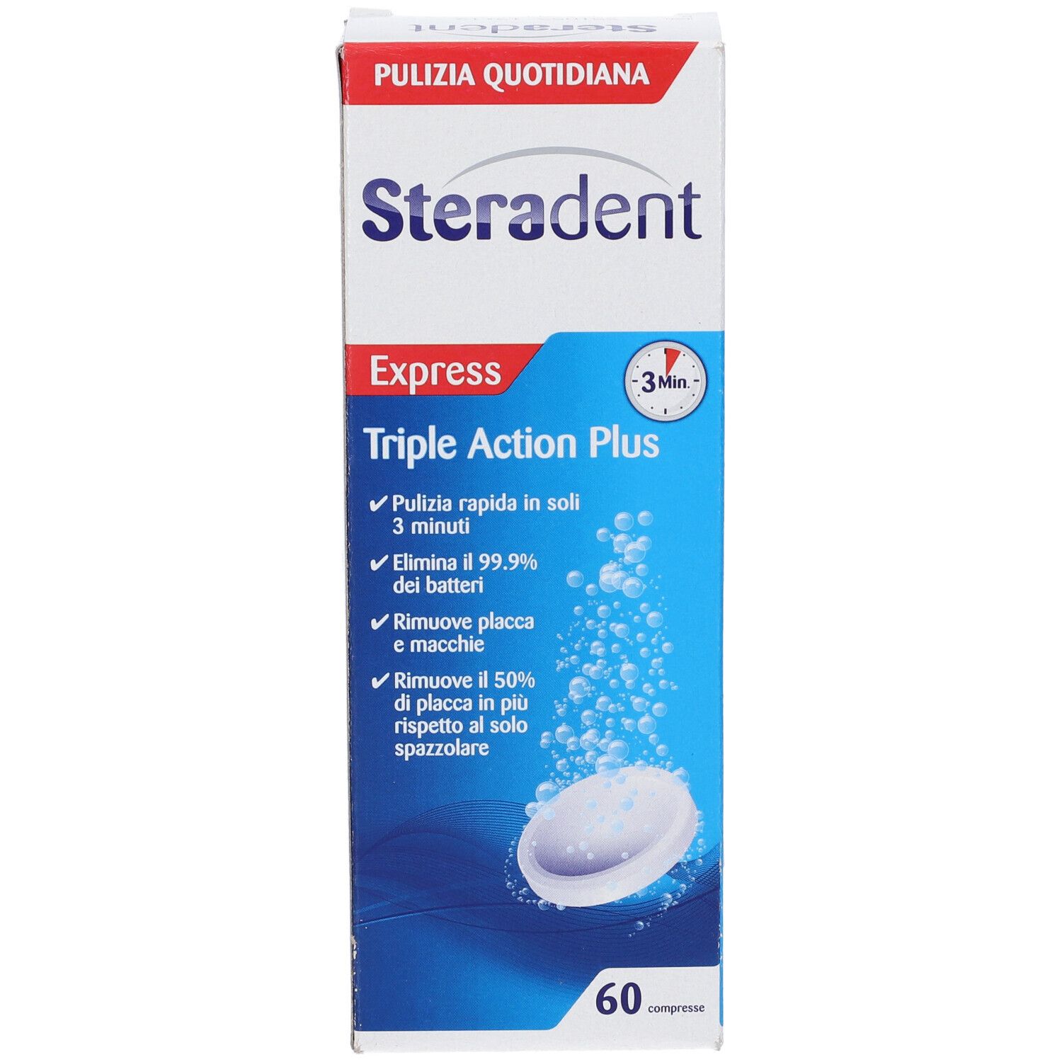 Steradent Triple Action Plus Tablettenbox mit Anwendungshinweisen und Produktabbildungen.