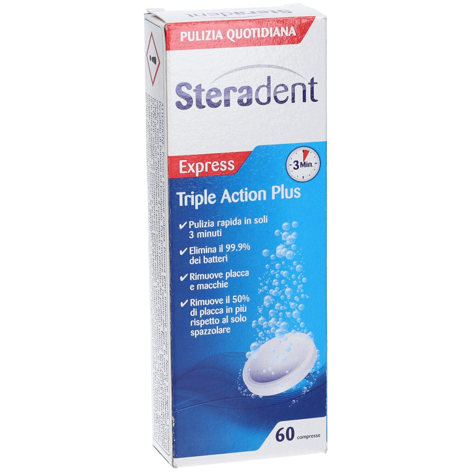 Steradent Triple Action Plus Tablettenbox mit Anwendungshinweisen und Produktabbildungen.