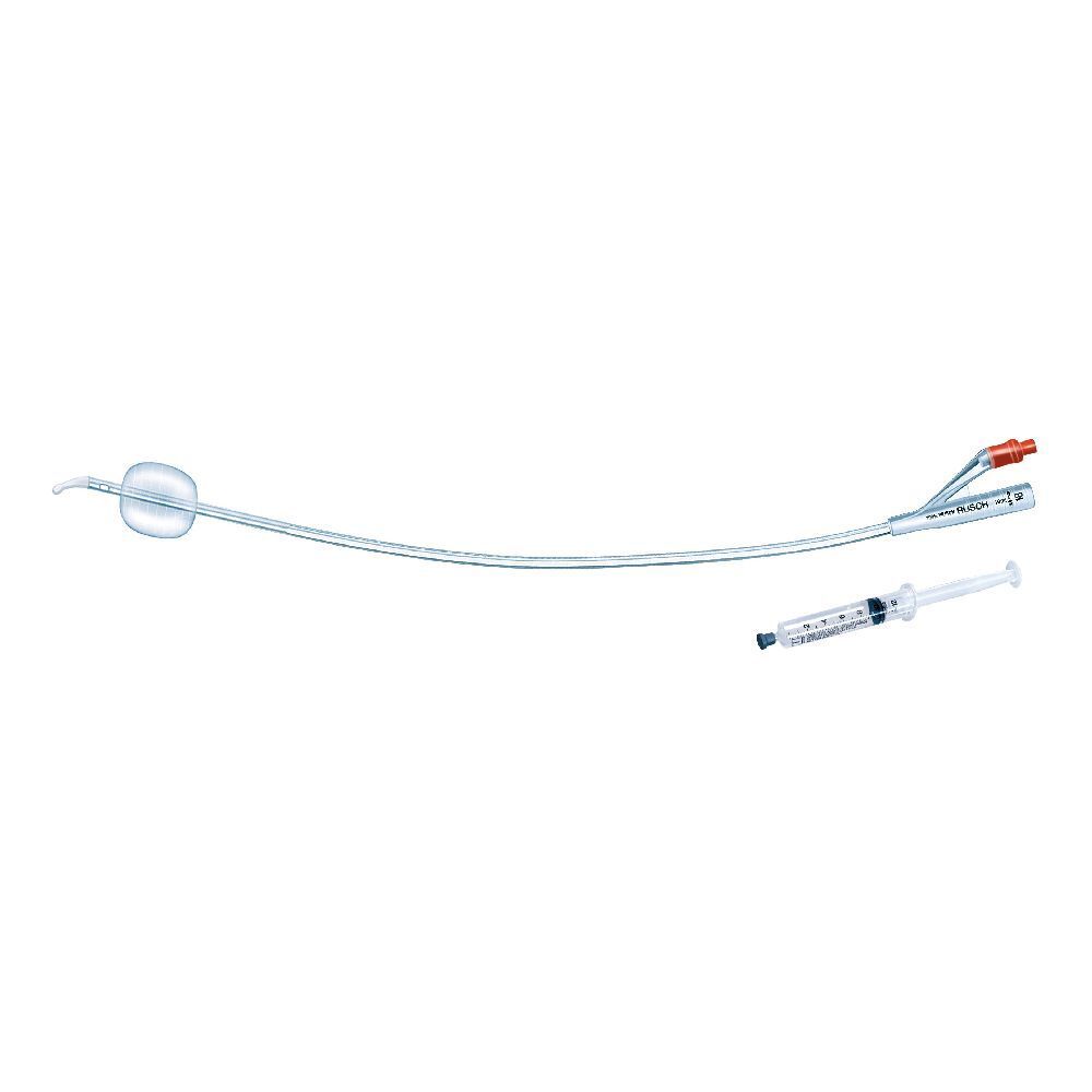 Catetere con palloncino e siringa. Tubo trasparente, connettore rosso. Dispositivo medico.