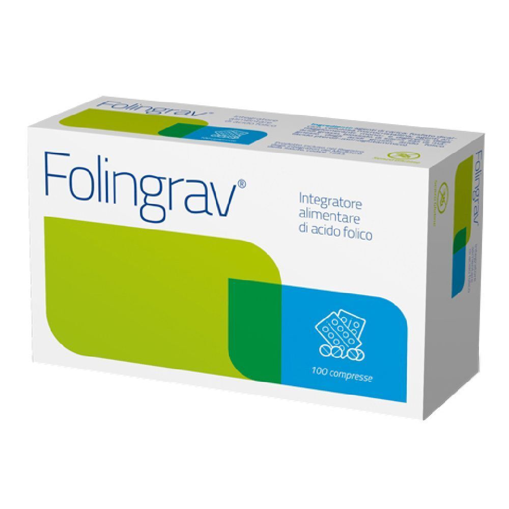 Scatola di Folingrav 100 compresse. Confezione verde e bianca con nome del prodotto e dettagli.