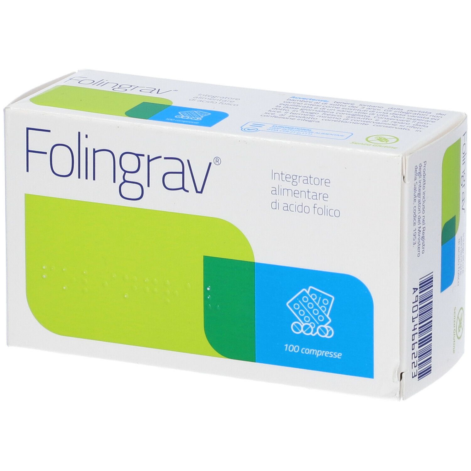 Scatola di Folingrav 100 compresse. Confezione verde e bianca con nome del prodotto e dettagli.