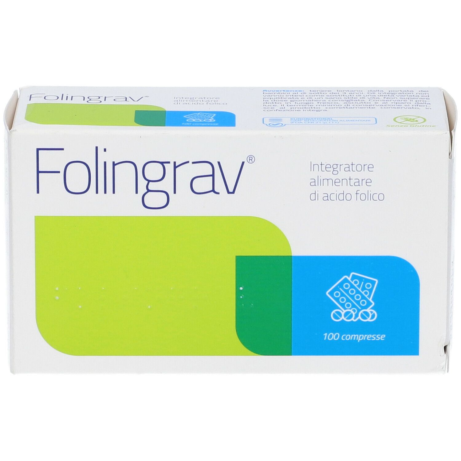 Scatola di Folingrav 100 compresse. Confezione verde e bianca con nome del prodotto e dettagli.