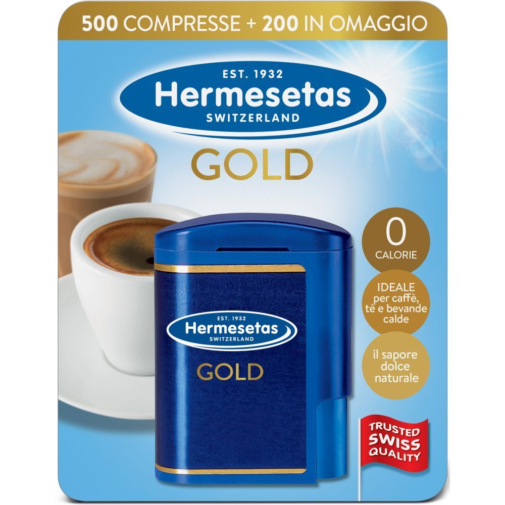 Boîte bleue Hermesetas Gold. Inscription '0 calorie'. Label 'Trusted Swiss Quality'.