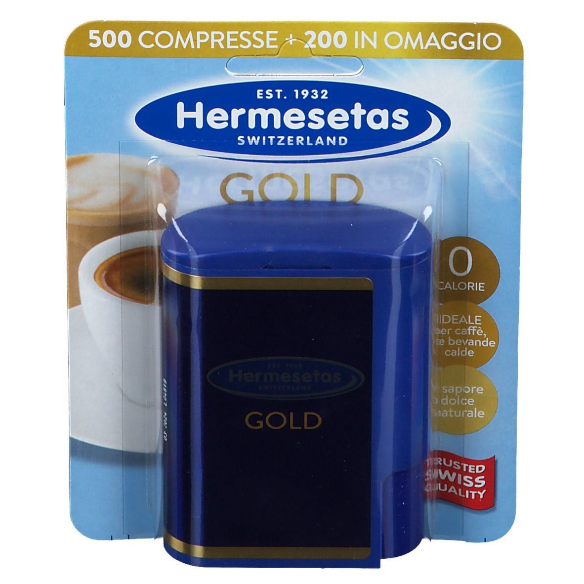 Hermesetas Gold en emballage blister. Boîte bleue, '0 calorie' et 'Trusted Swiss Quality'.