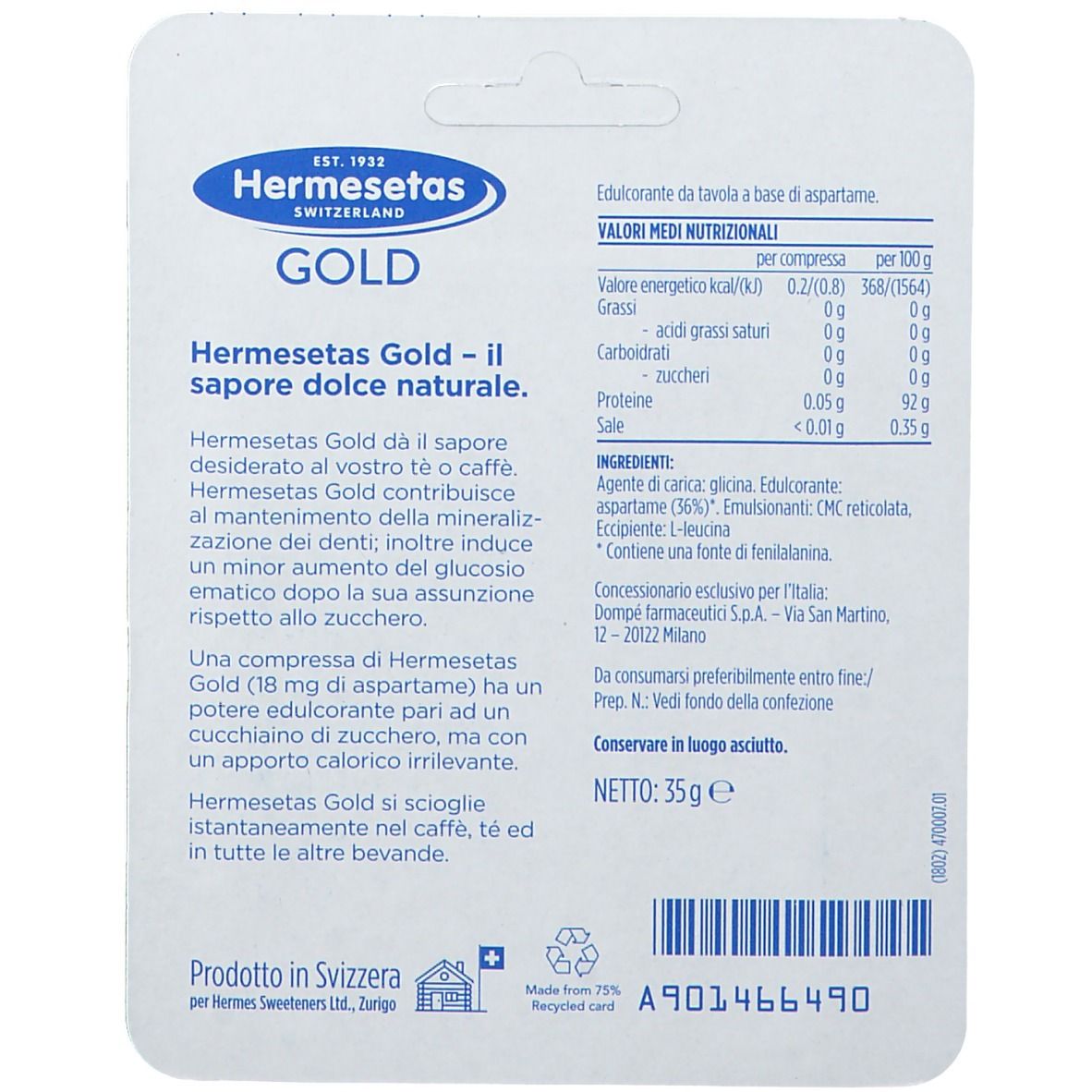 Dos de l'emballage Hermesetas Gold. Texte en italien. Informations nutritionnelles et ingrédients.