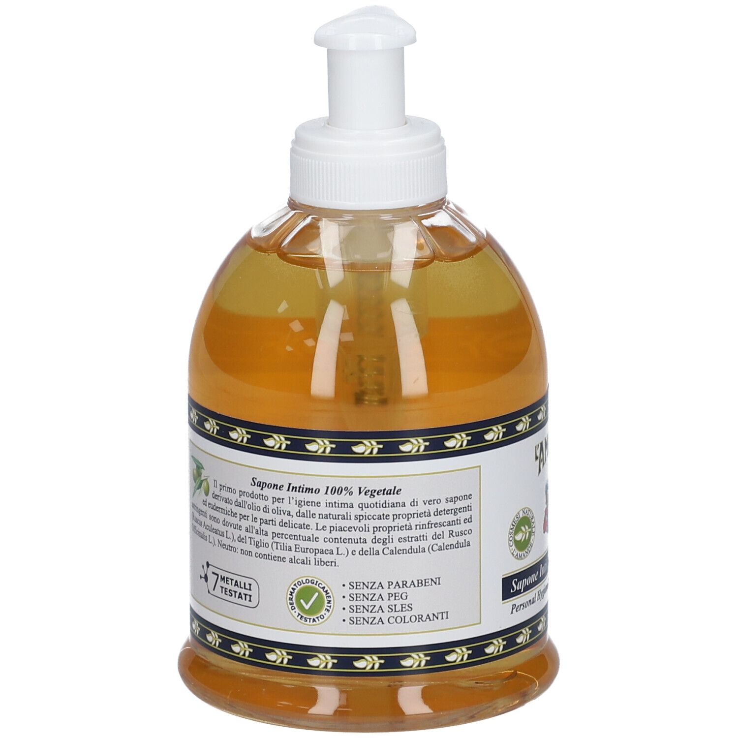 Sapone liquido in flacone trasparente con dispenser bianco. Etichetta con informazioni sul prodotto e certificazioni verdi.