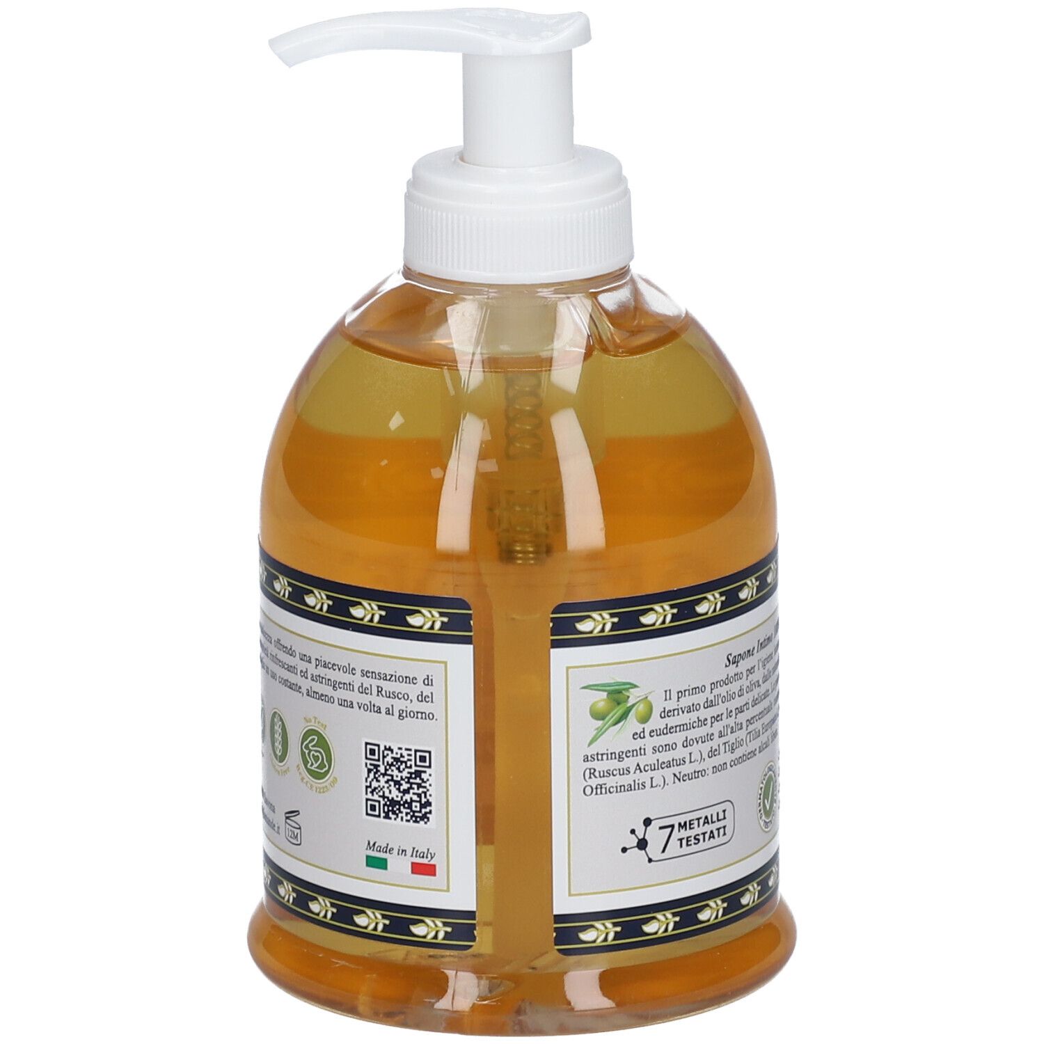 Flacone trasparente di sapone liquido con dispenser bianco. Etichetta con informazioni sul prodotto, codice QR e certificazioni verdi.