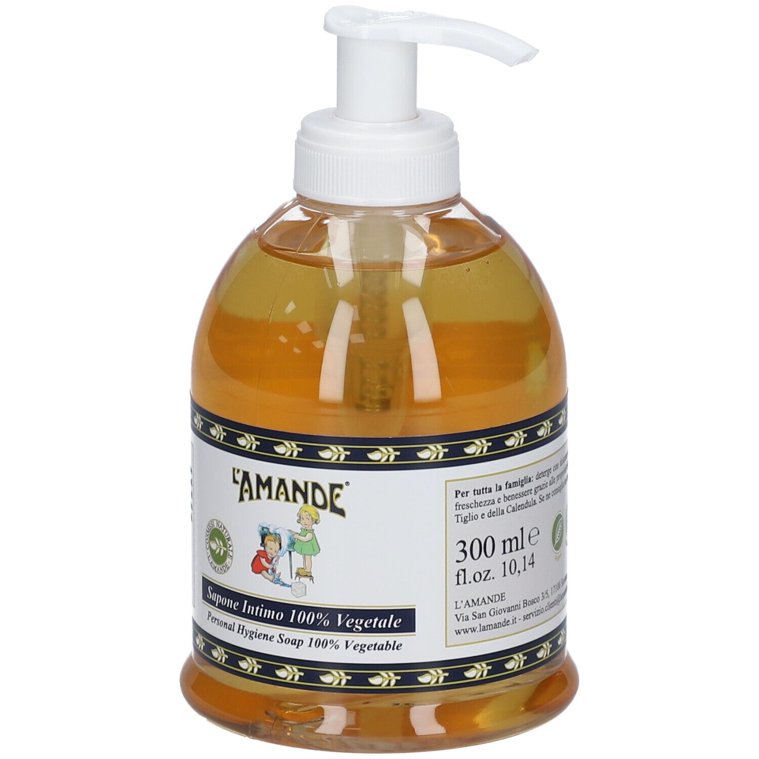 Flacone trasparente di sapone liquido con dispenser bianco. Etichetta con nome del prodotto, illustrazione e certificazioni verdi.