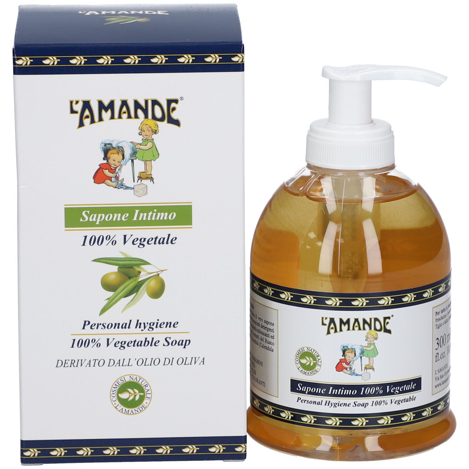 Sapone liquido in flacone trasparente con dispenser bianco, accanto a confezione prodotto. Confezione con illustrazione.