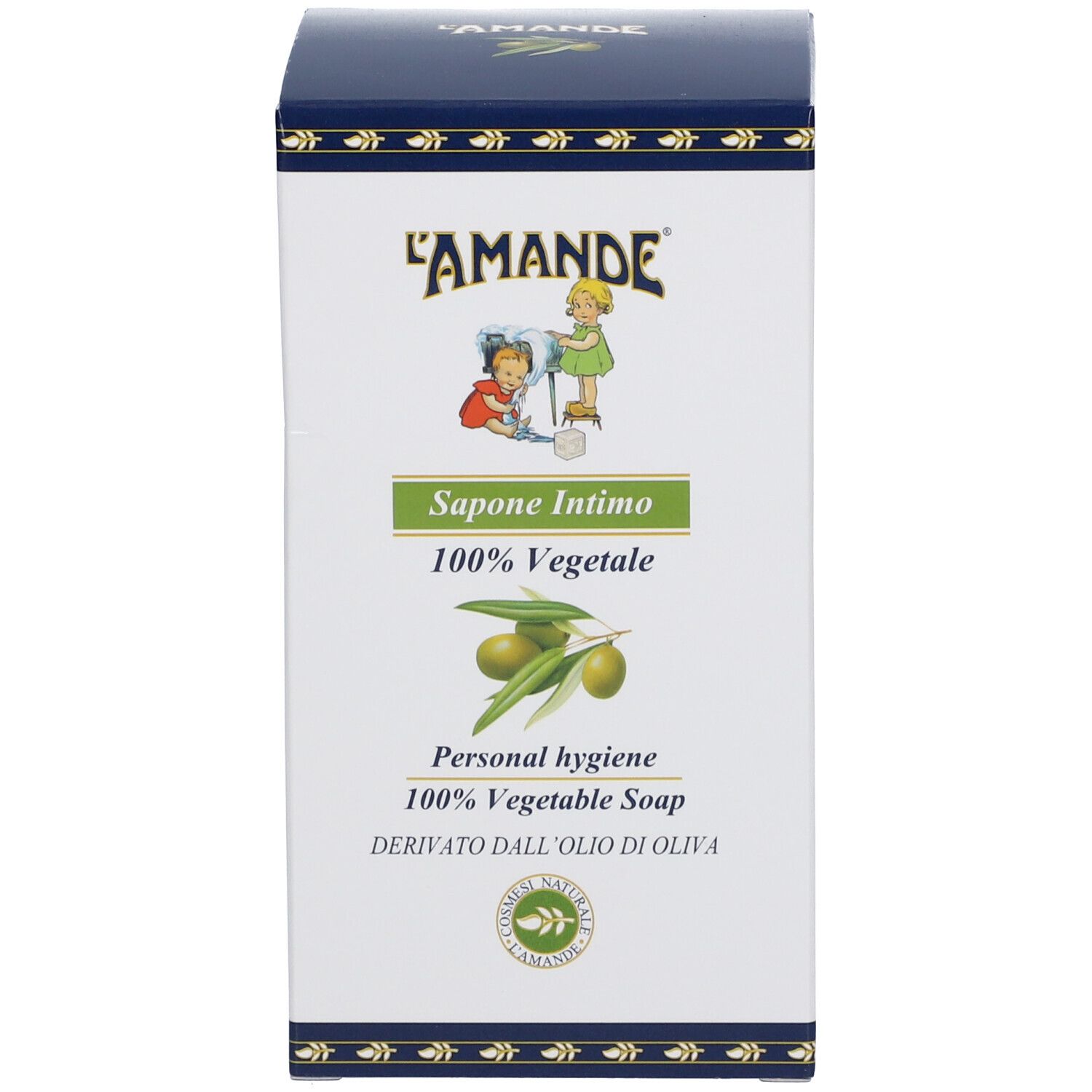 Confezione prodotto con illustrazione, nome del prodotto e informazioni. Combinazione di colori blu e bianco.