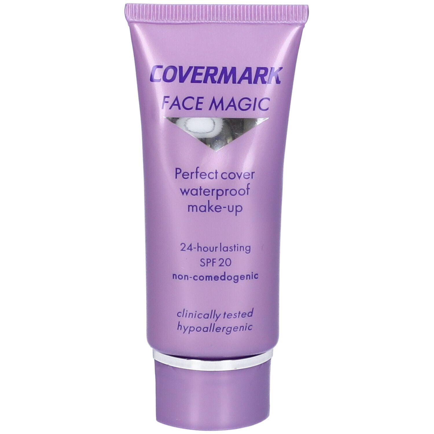 Tubo lilla con tappo bianco. Scritta: COVERMARK FACE MAGIC. Testo: Perfect cover waterproof make-up, SPF 20, non-comedogenic.