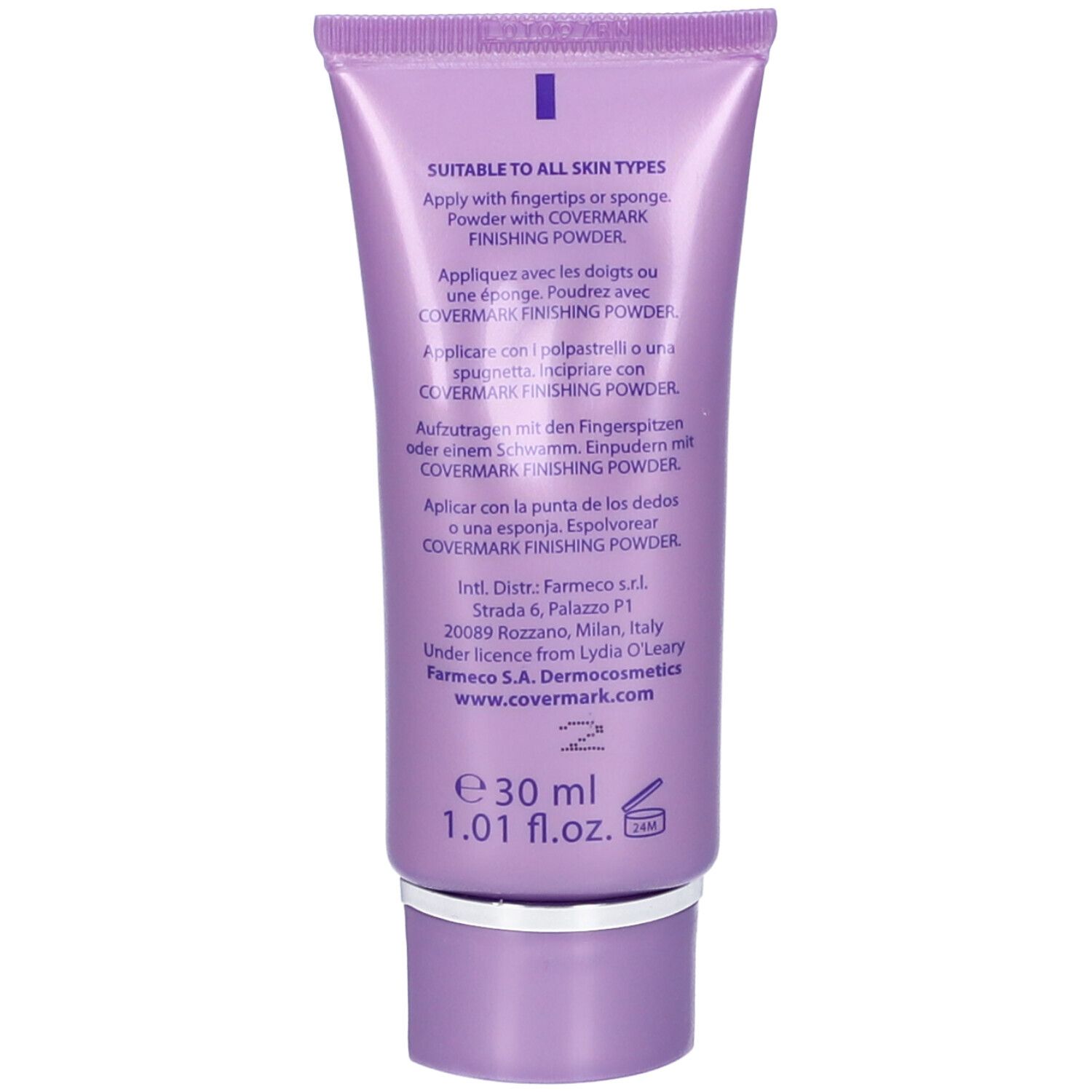 Retro di un tubo lilla. Testo: Suitable to all skin types. Istruzioni in più lingue. Volume: 30 ml.