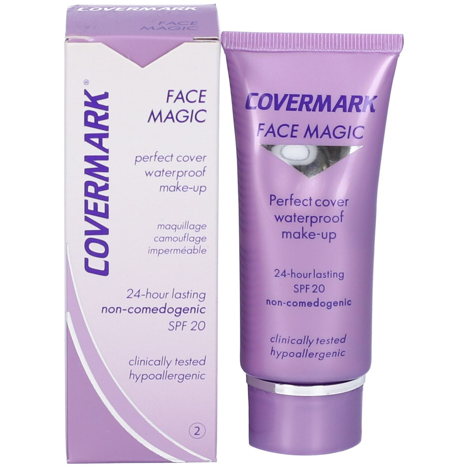 Prodotto e confezione. Tubo e scatola lilla. Scritta: COVERMARK FACE MAGIC. Testo: Perfect cover waterproof make-up, SPF 20.