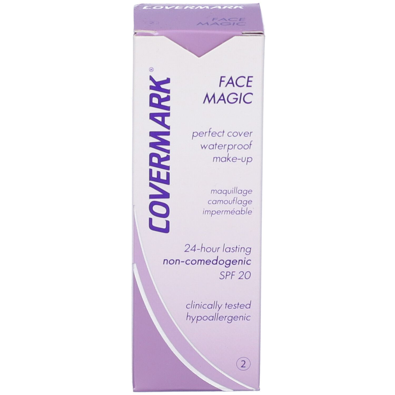 Scatola bianca con accenti lilla. Scritta: COVERMARK FACE MAGIC. Testo: perfect cover waterproof make-up, SPF 20, non-comedogenic.