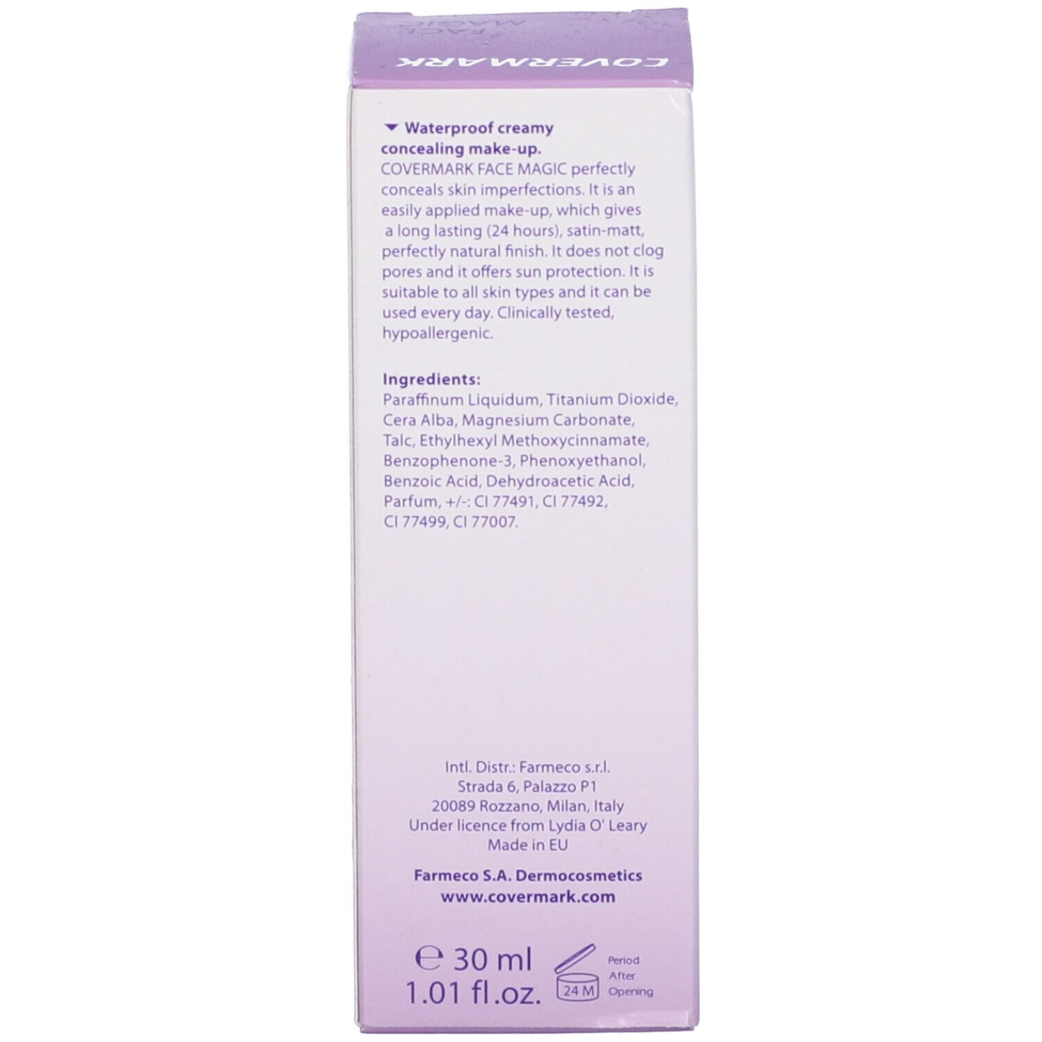Retro della confezione. Testo in più lingue. Ingredienti. Volume: 30 ml. Informazioni produttore.
