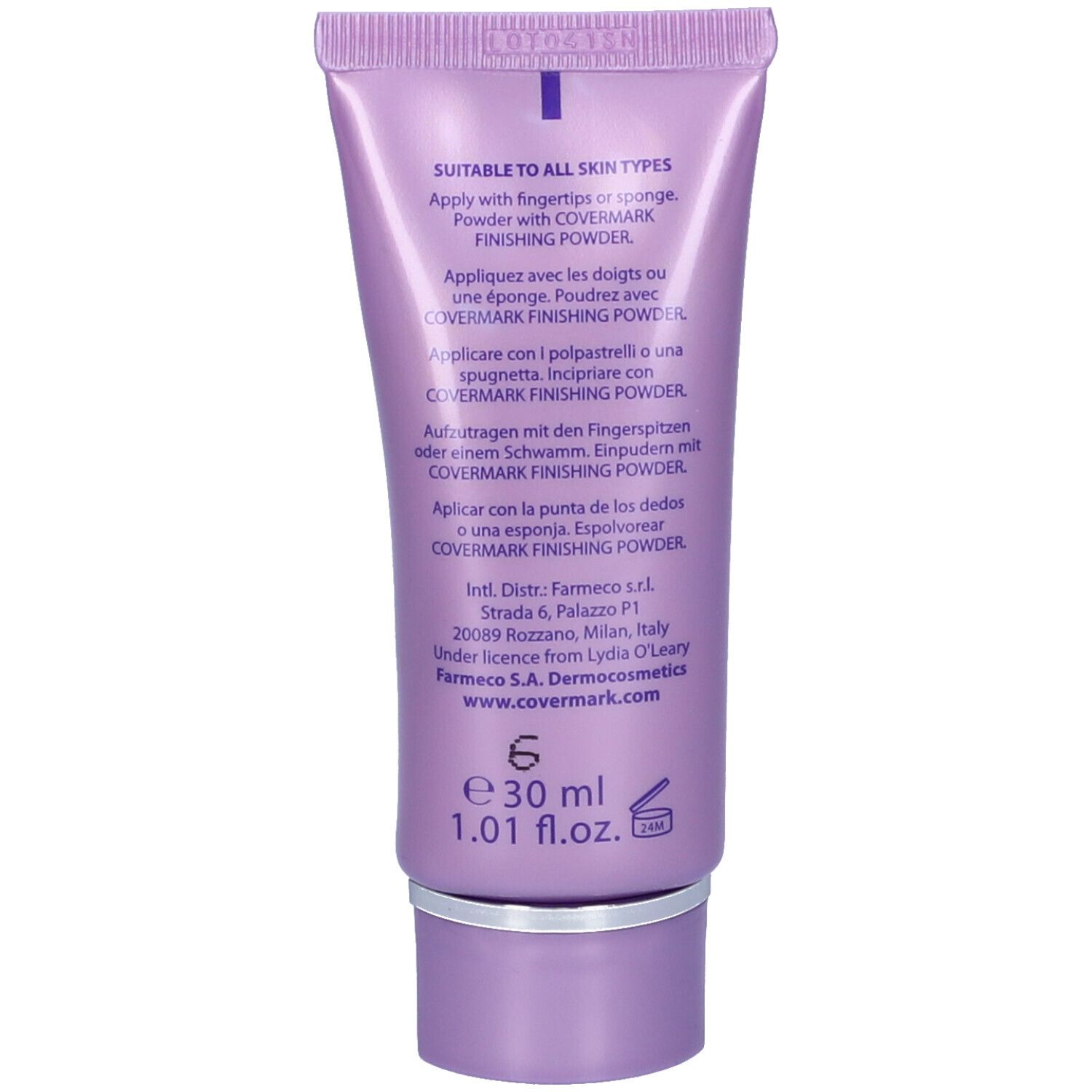 Retro del tubo Covermark Face Magic. Contiene informazioni e ingredienti. 30 ml.