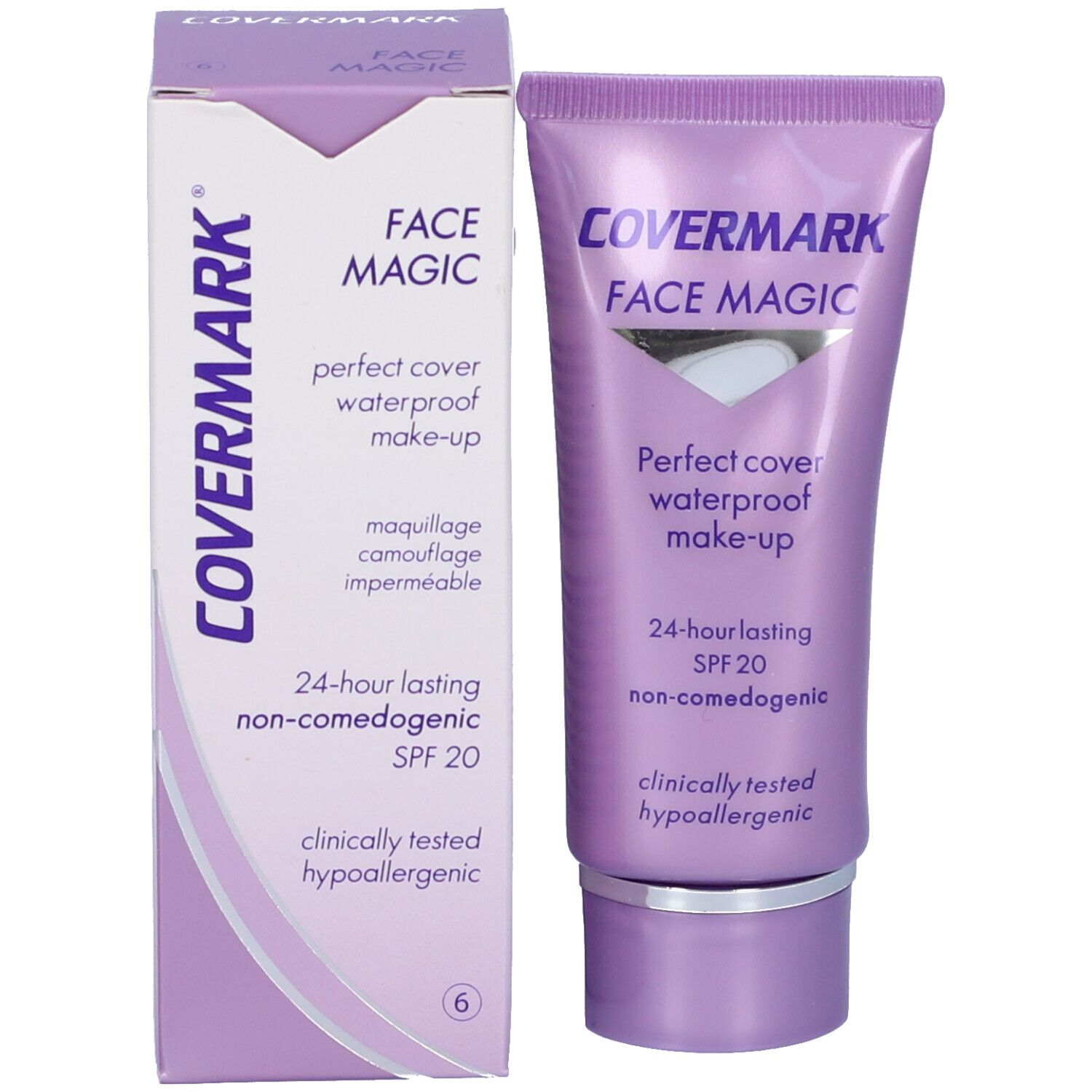 Tubo e confezione Covermark Face Magic. Confezione viola con nome e info. 30 ml.