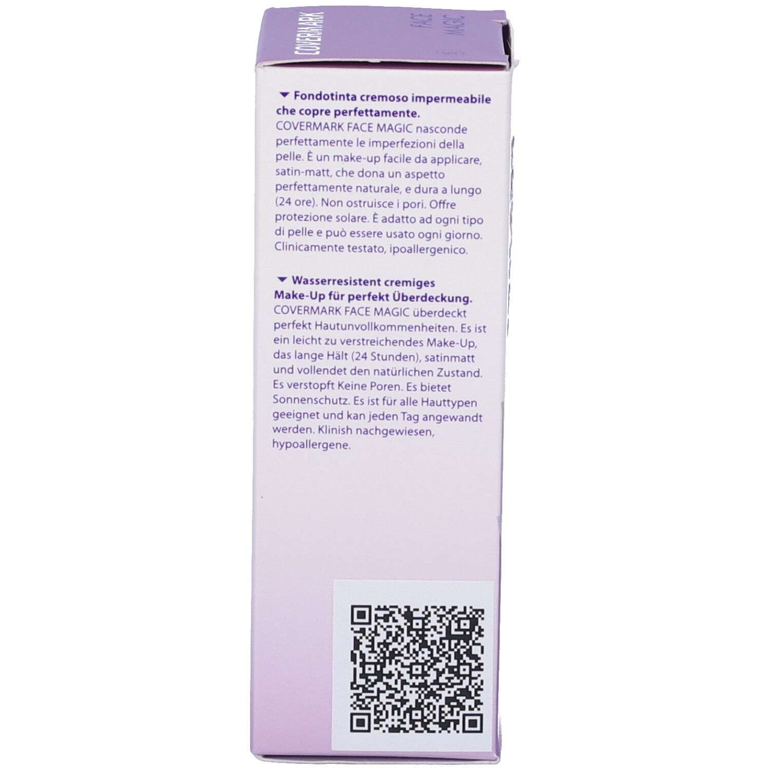 Retro della confezione Covermark Face Magic. Contiene informazioni e ingredienti. 30 ml.