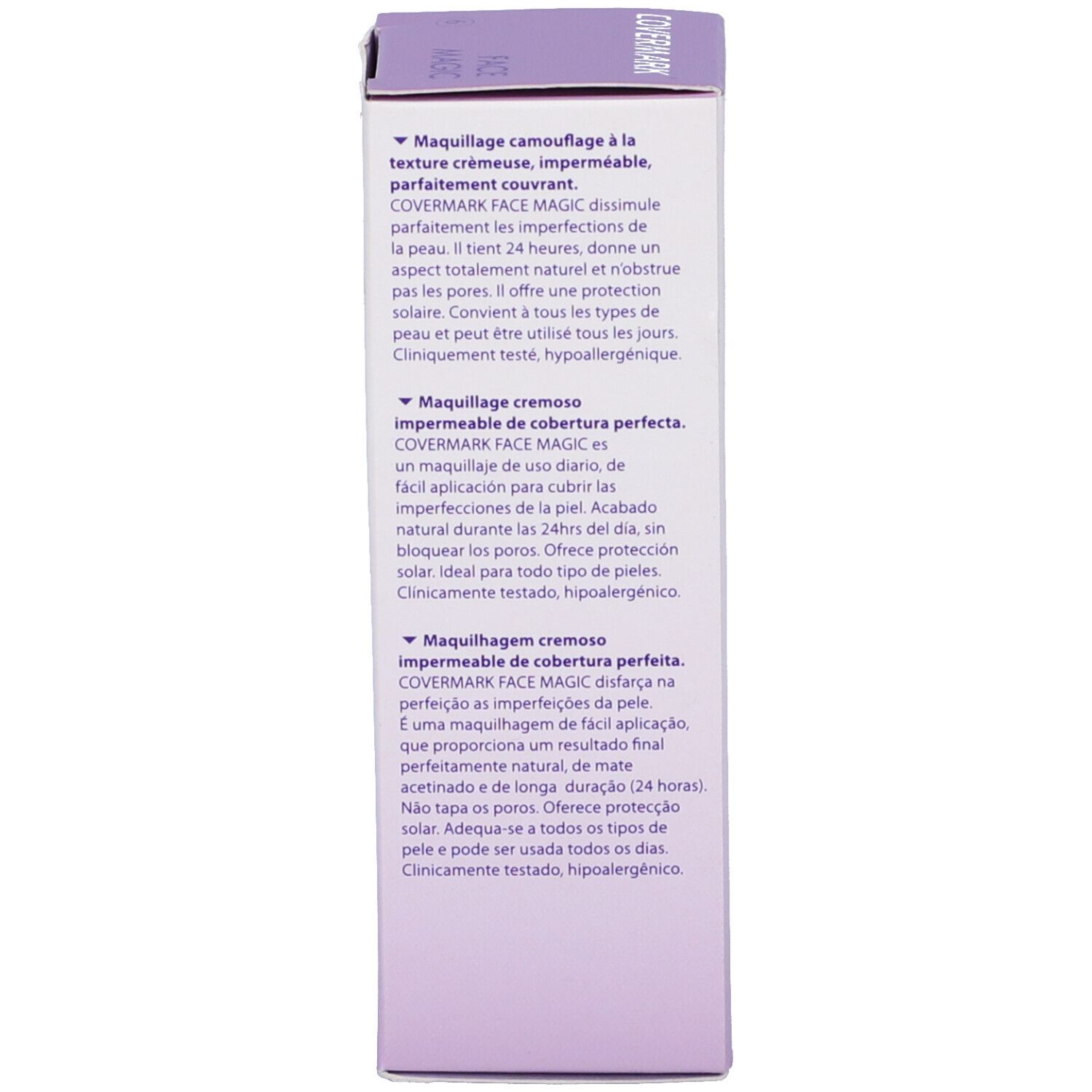 Retro della confezione Covermark Face Magic. Contiene informazioni e ingredienti. 30 ml.