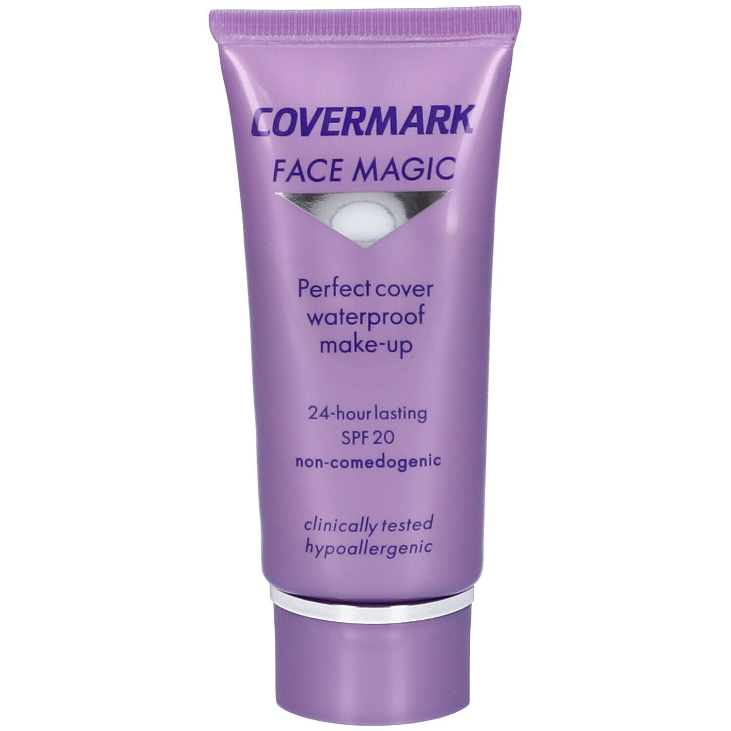 Tubo Covermark Face Magic. Tubo lilla con tappo bianco. Testo: Perfect cover waterproof make-up, SPF 20, non-comedogenico, clinicamente testato.