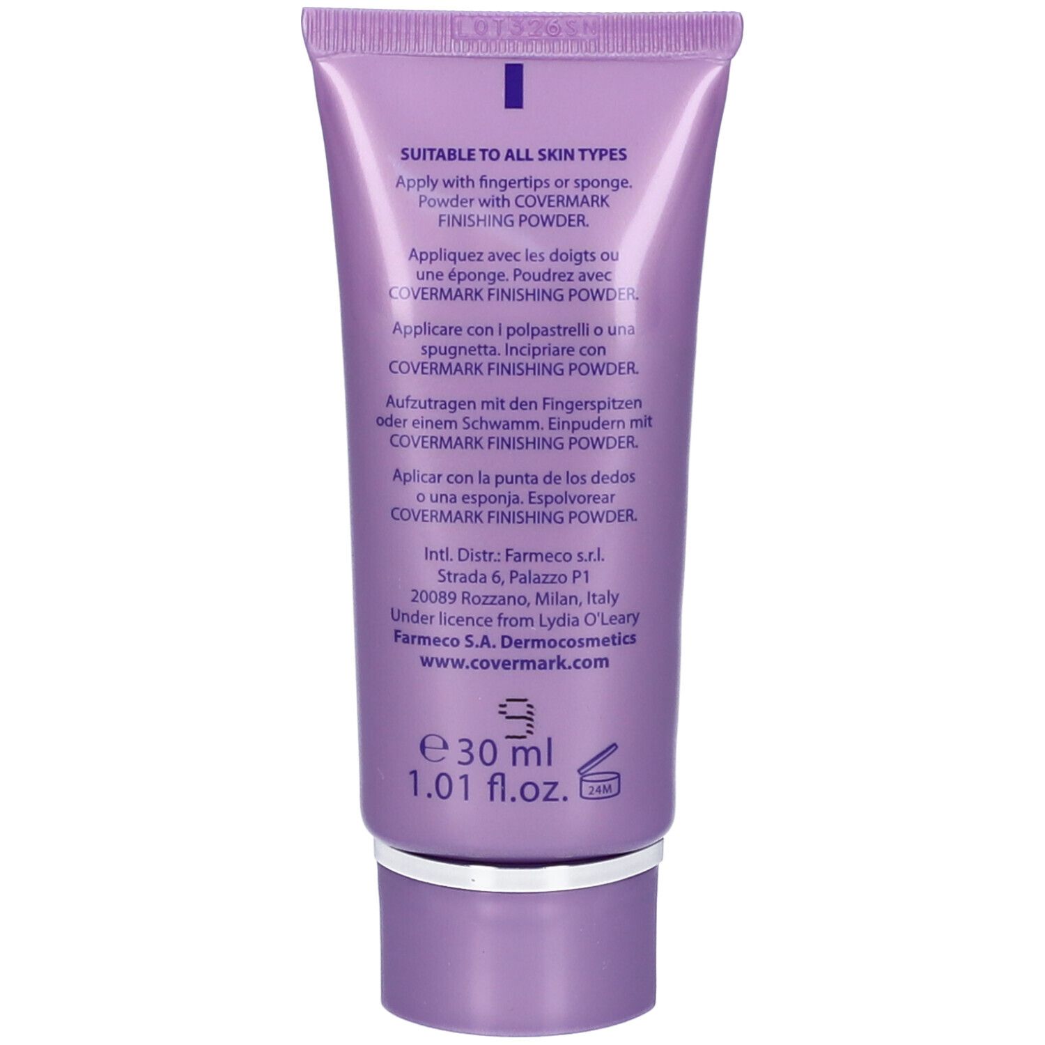 Retro del tubo Covermark Face Magic. Testo: Suitable to all skin types. 30 ml. Informazioni produttore. Codice QR.