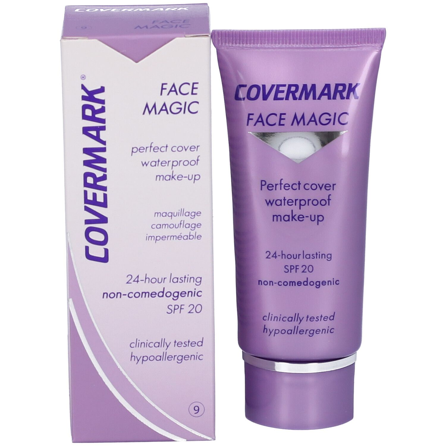 Tubo e scatola Covermark Face Magic. Scatola con testo: Face Magic, perfect cover waterproof make-up, SPF 20. Tubo accanto.