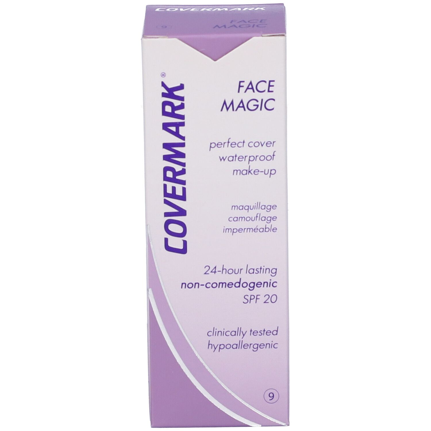 Scatola Covermark Face Magic. Testo: Face Magic, perfect cover waterproof make-up, SPF 20. Colore 9. Clinicamente testato, ipoallergenico.