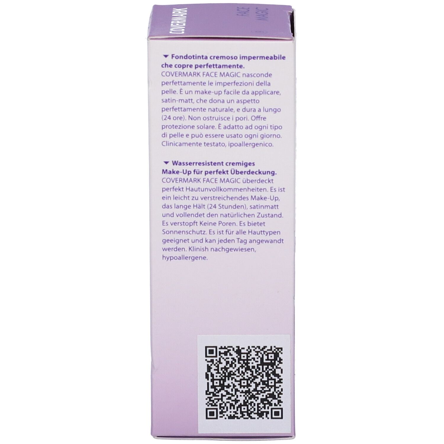 Scatola Covermark Face Magic. Testo: Fondotinta cremoso impermeabile. Wasserresistent cremiges Make-Up. Ingredienti. Codice QR.
