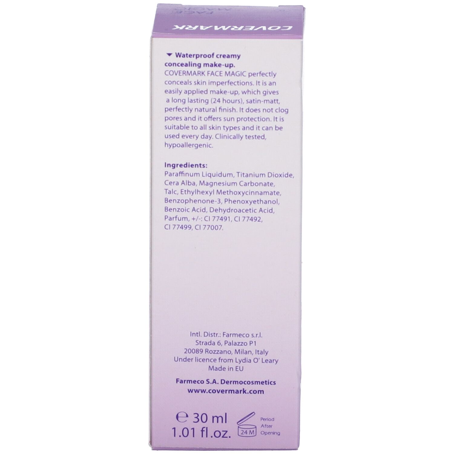 Scatola Covermark Face Magic. Testo: Waterproof creamy concealing make-up. Ingredienti: Paraffinum Liquidum, etc. 30 ml.