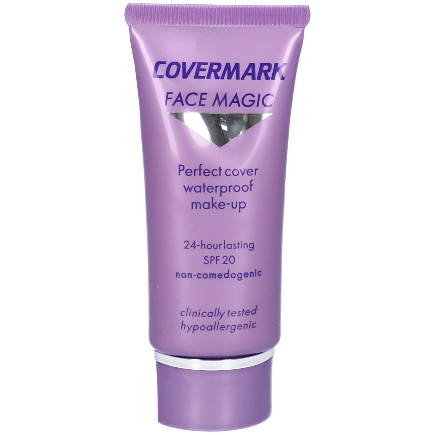 Tubo trucco Covermark Face Magic. Tubo lilla con triangolo bianco e testo. 24h, SPF 20, non comedogenico.
