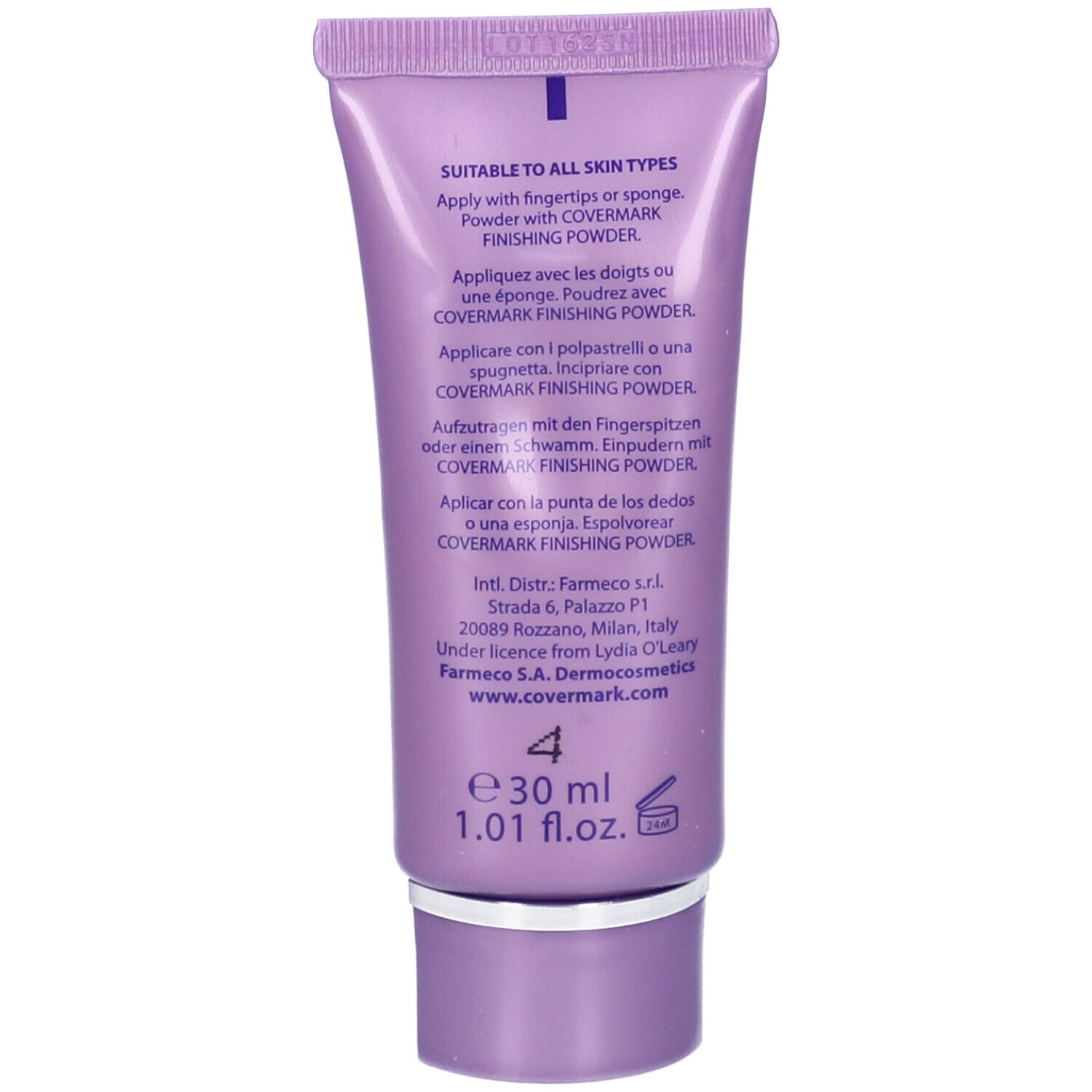 Retro del tubo Covermark Face Magic. Testo multilingue. 4, e 30 ml, 1.01 fl.oz. Adatto a tutti i tipi di pelle.