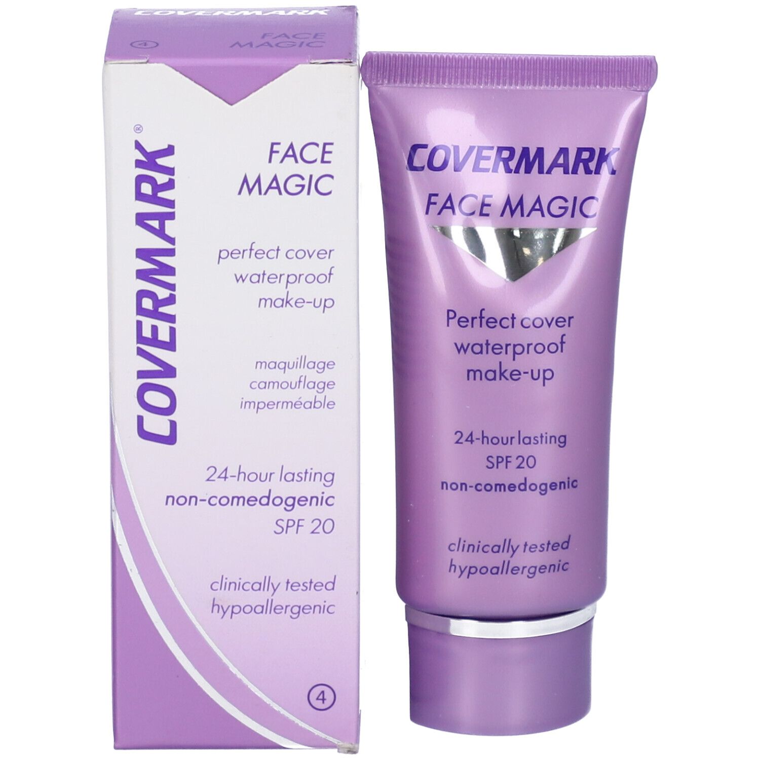 Tubo e scatola trucco Covermark Face Magic. Tubo e scatola lilla con testo. 24h, SPF 20, non comedogenico.