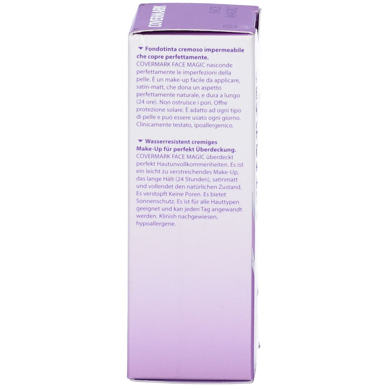 Lato della scatola Covermark Face Magic. Testo multilingue. Ingredienti e informazioni produttore.