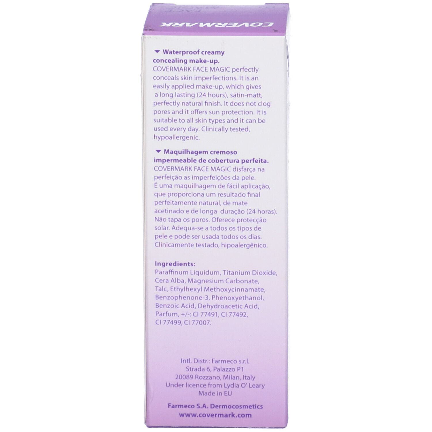 Lato della scatola Covermark Face Magic. Testo multilingue. Ingredienti e informazioni produttore.