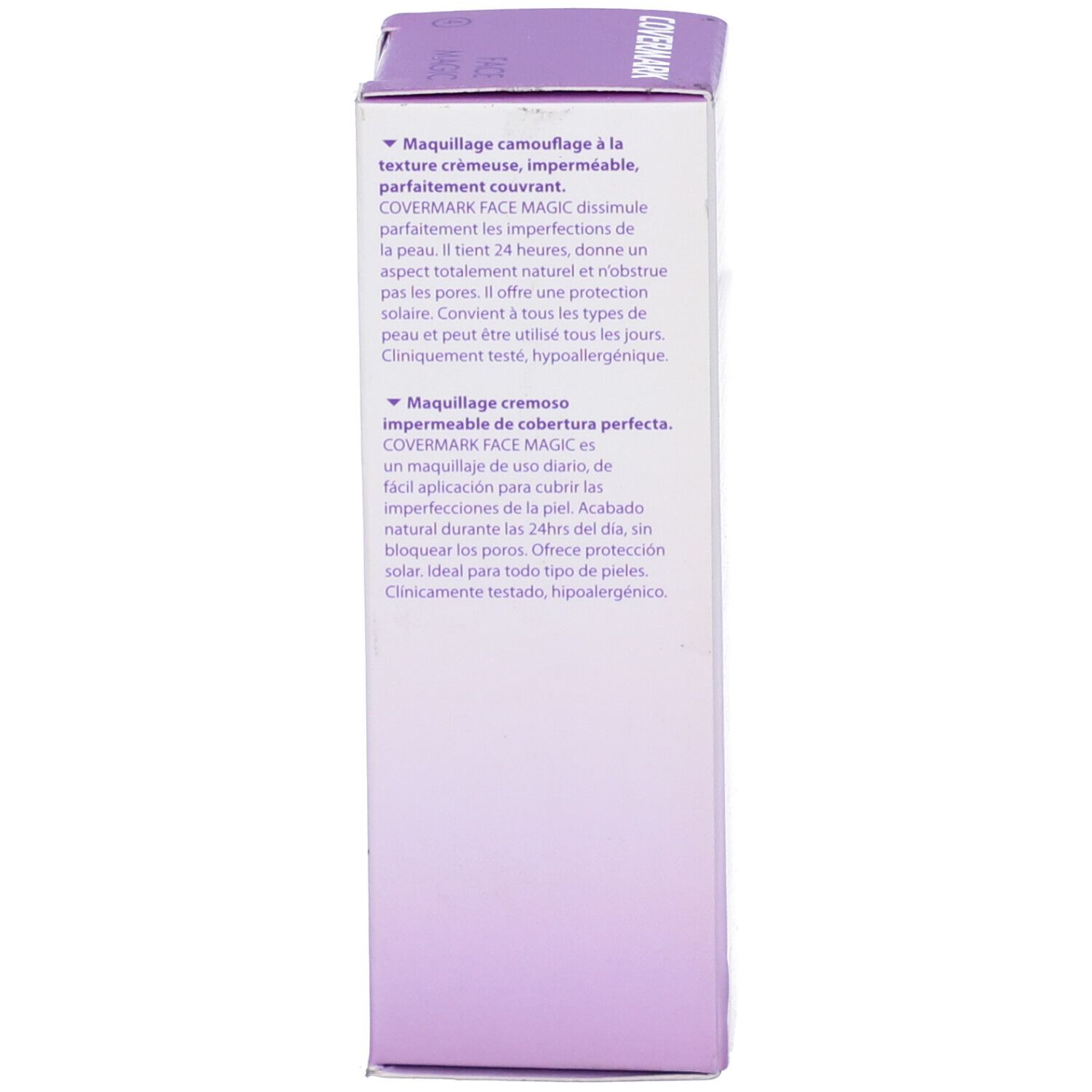 Lato della scatola Covermark Face Magic. Testo multilingue. Ingredienti e informazioni produttore.