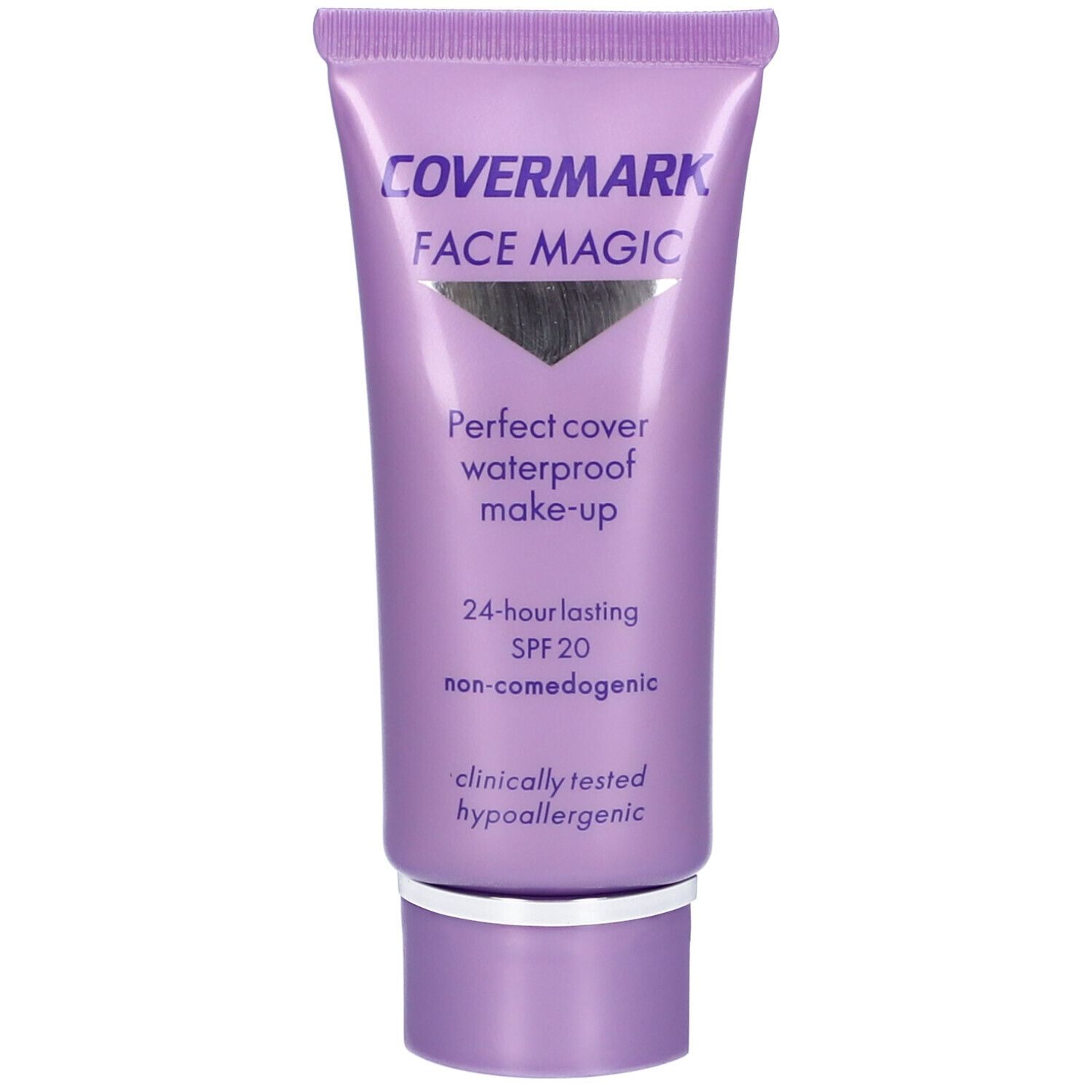 Tubo Covermark Face Magic. Tubo viola con informazioni sul prodotto. SPF 20. Ipoallergenico.