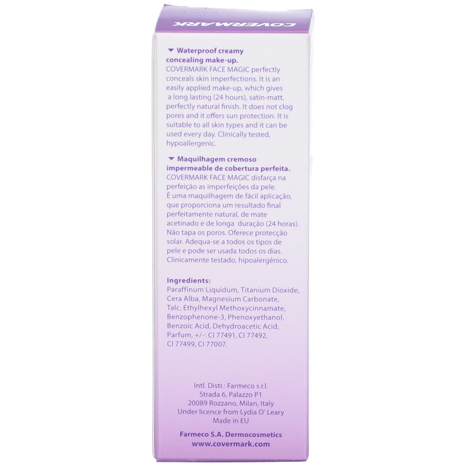 Confezione Covermark Face Magic. Testo in inglese. Trucco resistente all'acqua. Per tutti i tipi di pelle.