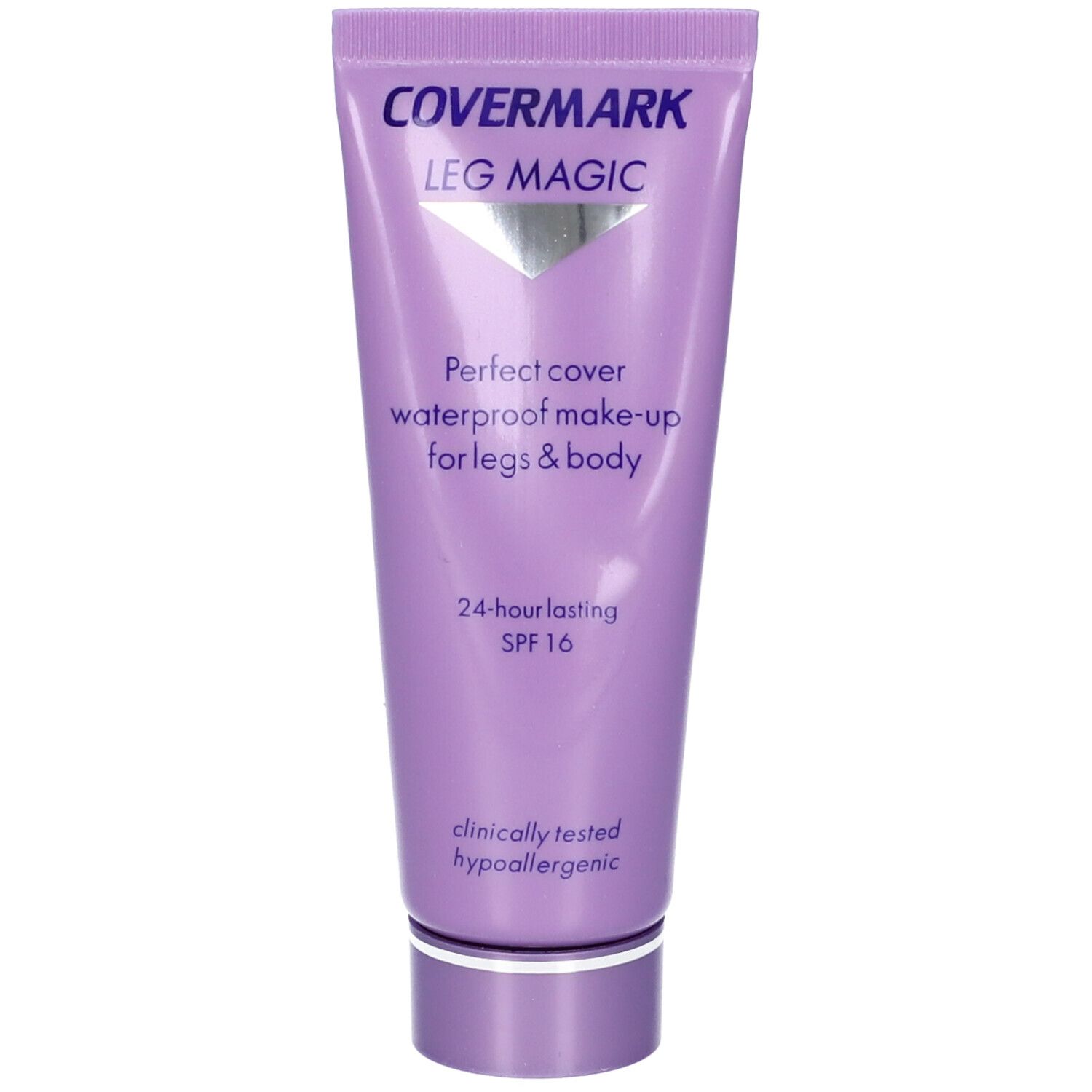 Lila Tube mit Produkt. Aufschrift: COVERMARK LEG MAGIC, Perfect cover waterproof make-up for legs & body, SPF 16.