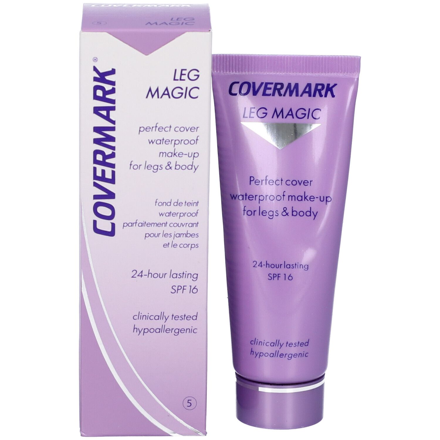Produkt und Verpackung. COVERMARK LEG MAGIC, Perfect cover waterproof make-up for legs & body, SPF 16. Hypoallergen.