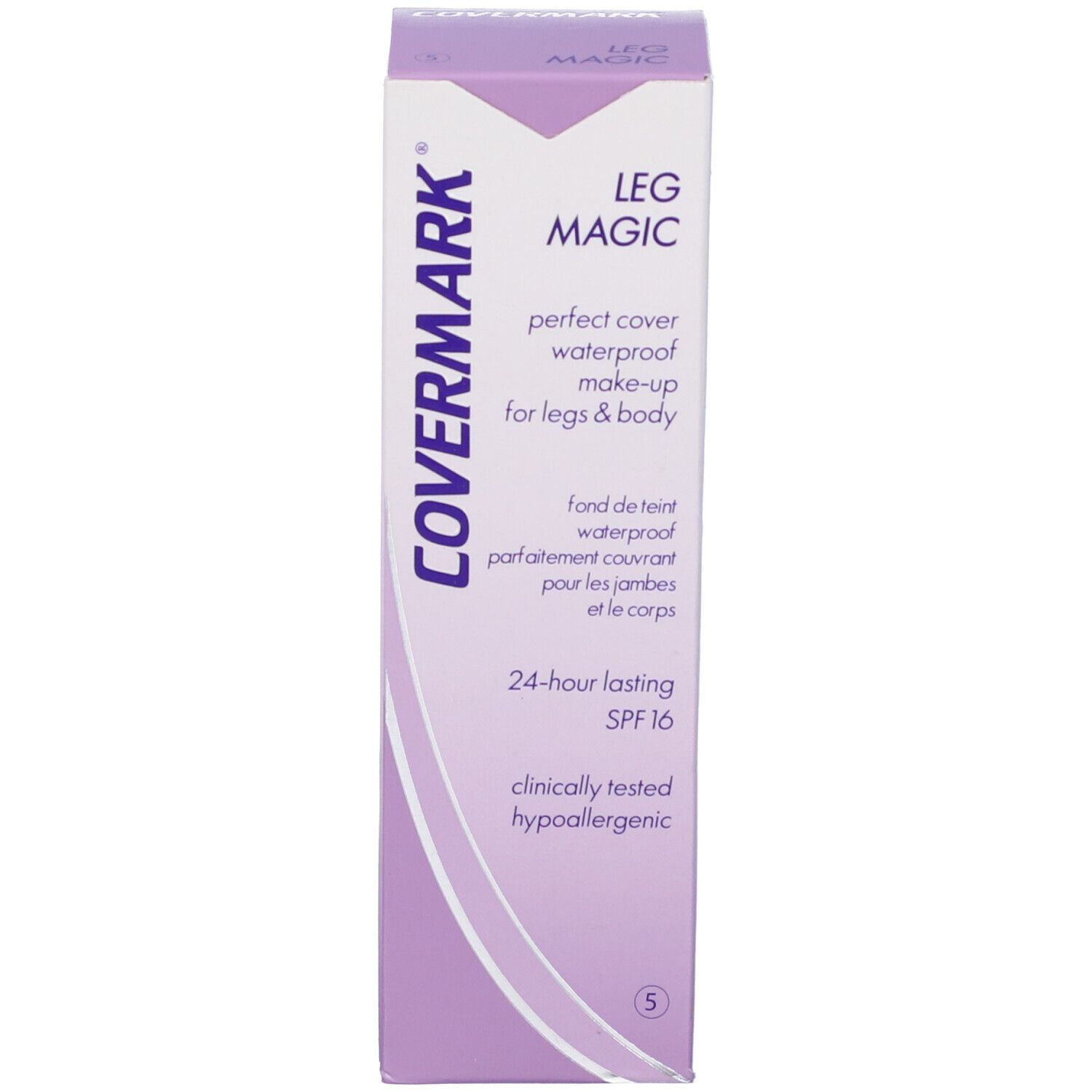 Verpackung. COVERMARK LEG MAGIC, Perfect cover waterproof make-up for legs & body, SPF 16. Hypoallergen. Farbe 5.