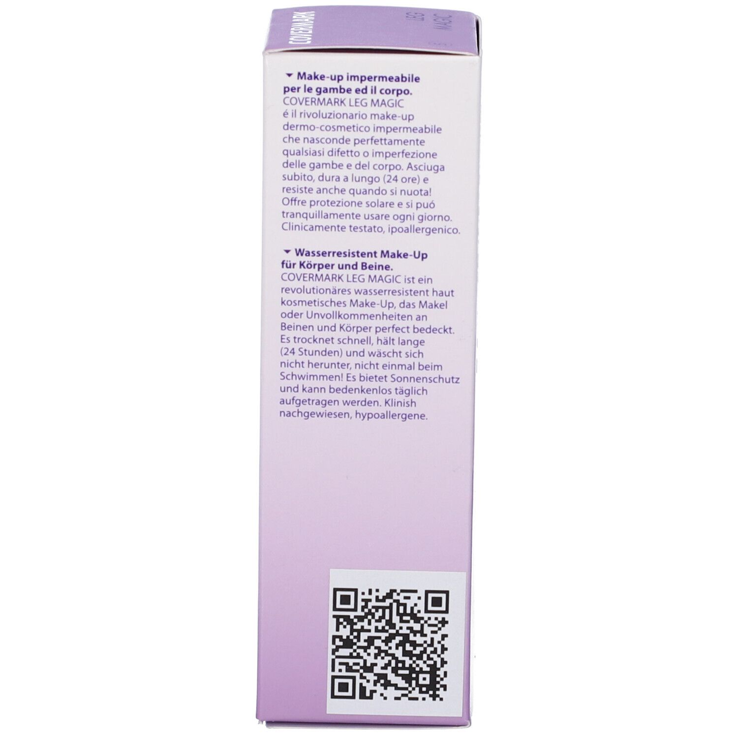 Verpackung. Text in mehreren Sprachen. Beschreibung von COVERMARK LEG MAGIC. Klinisch getestet, hypoallergen.