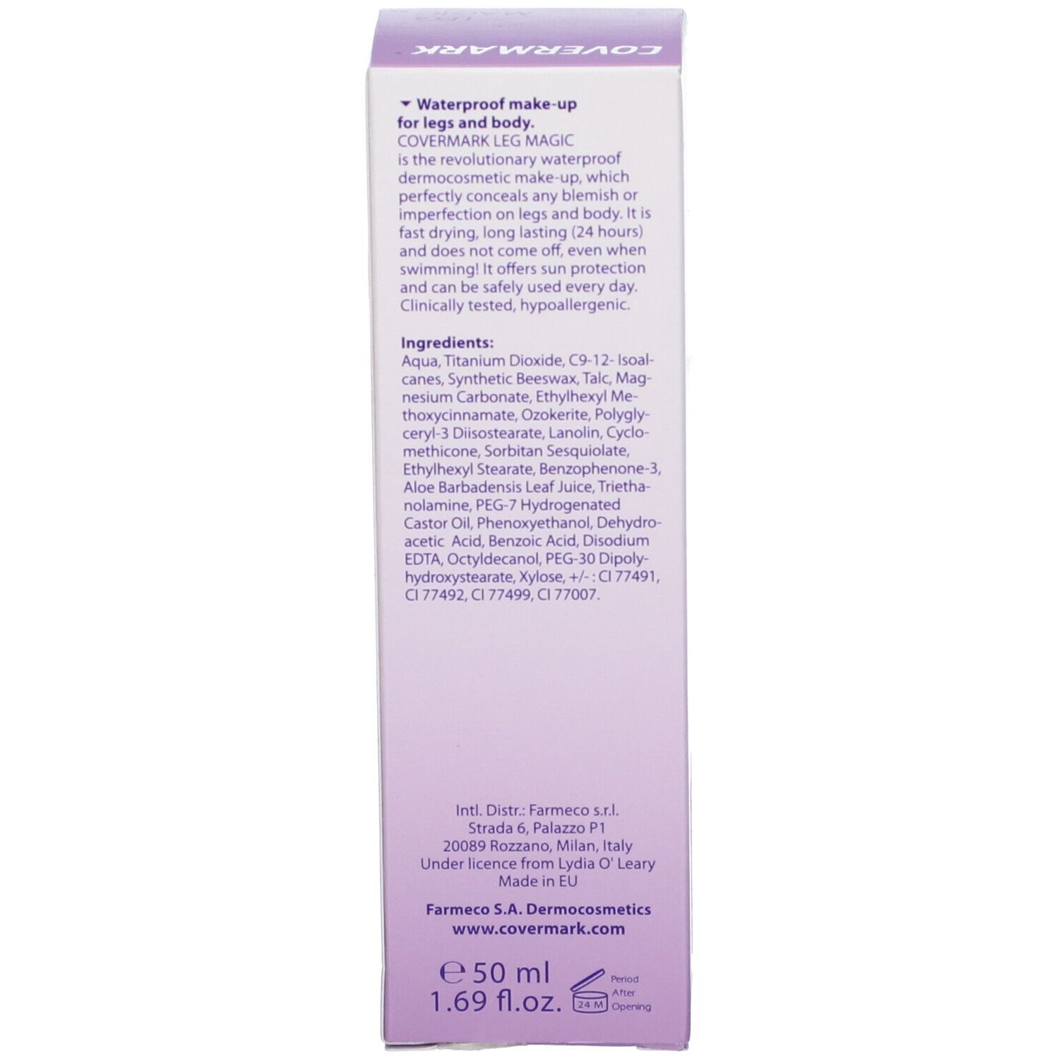 Verpackung. Inhaltsstoffe von COVERMARK LEG MAGIC. Volumen: 50 ml. Hergestellt in EU. Adresse des Herstellers.