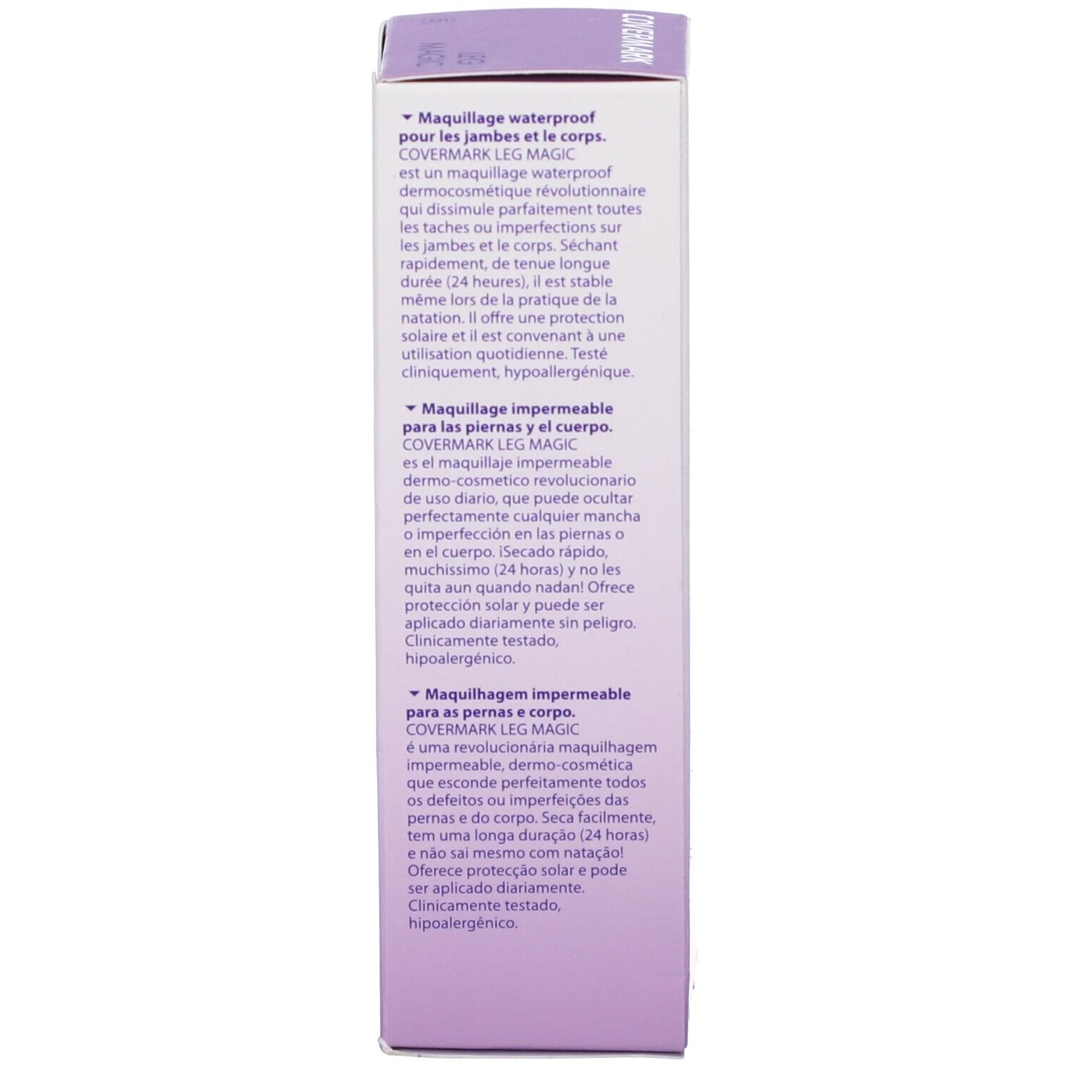 Verpackung. Text in mehreren Sprachen. Beschreibung von COVERMARK LEG MAGIC. Klinisch getestet, hypoallergen.