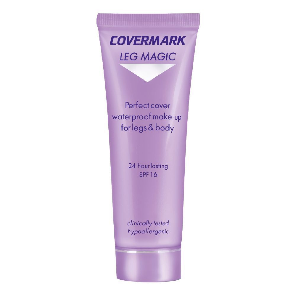 Tubo lilla COVERMARK LEG MAGIC. Testo: Perfect cover waterproof make-up for legs & body, SPF 16, clinicamente testato, ipoallergenico.