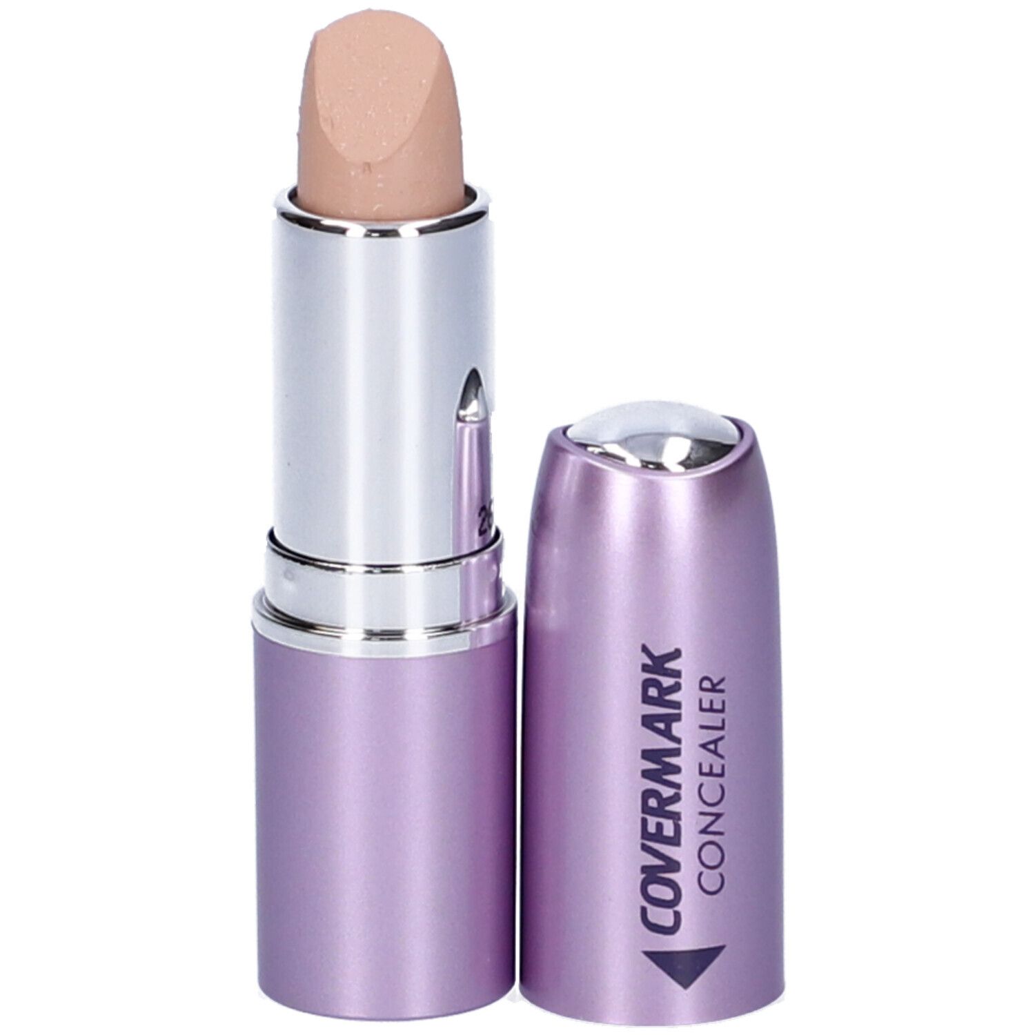 Stick correttore beige. Fusto argentato, cappuccio lilla con scritta "COVERMARK CONCEALER". Aperto, stick visibile.