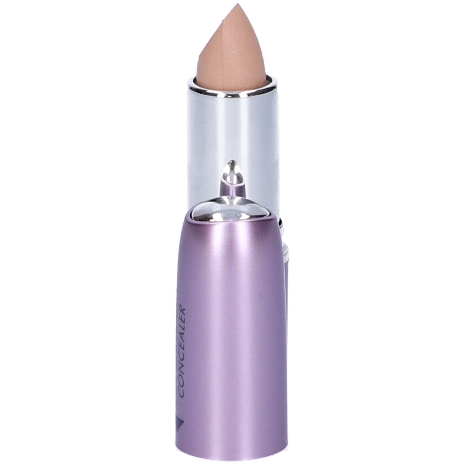 Stick correttore beige. Fusto argentato, cappuccio lilla con scritta "COVERMARK CONCEALER". Aperto, stick visibile.