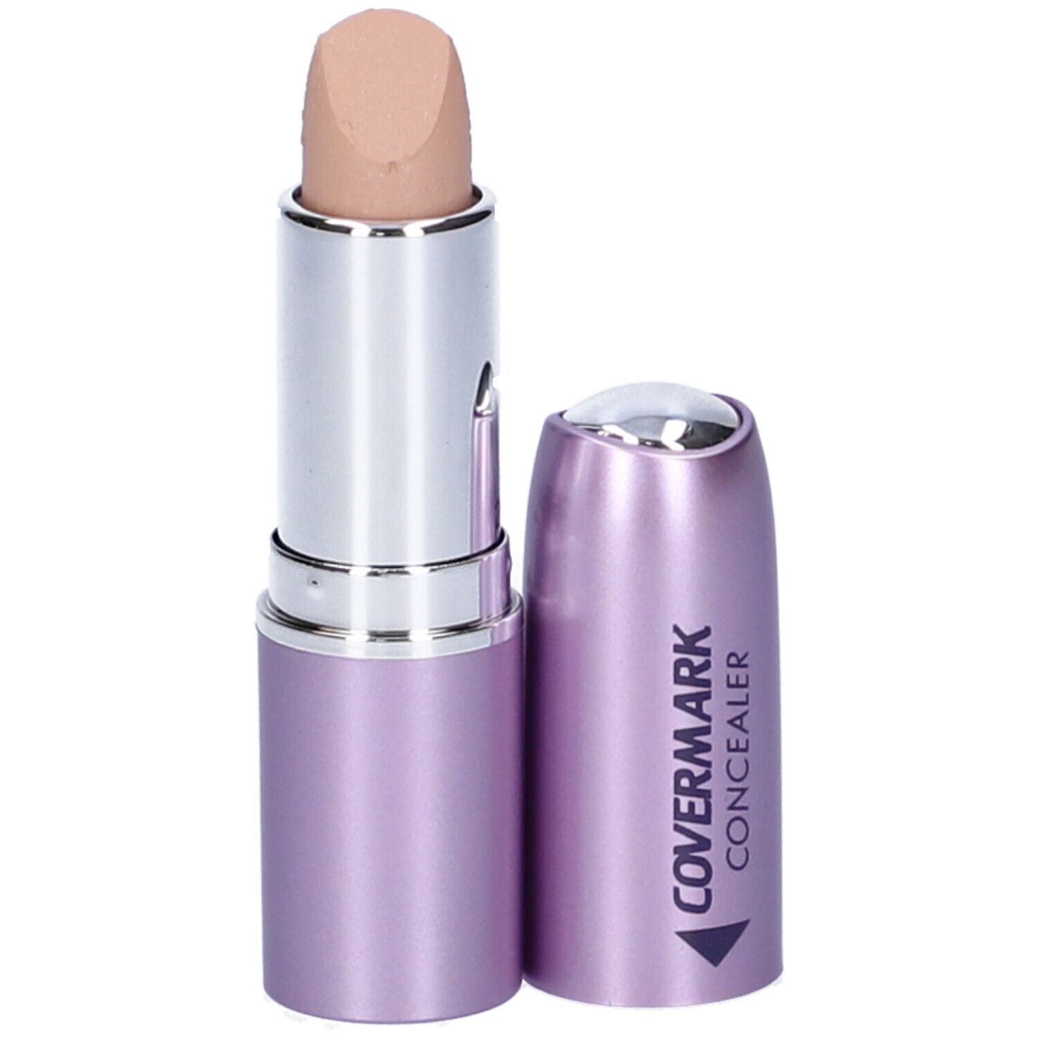 Stick correttore beige. Fusto argentato, cappuccio lilla con scritta "COVERMARK CONCEALER". Aperto, stick visibile.