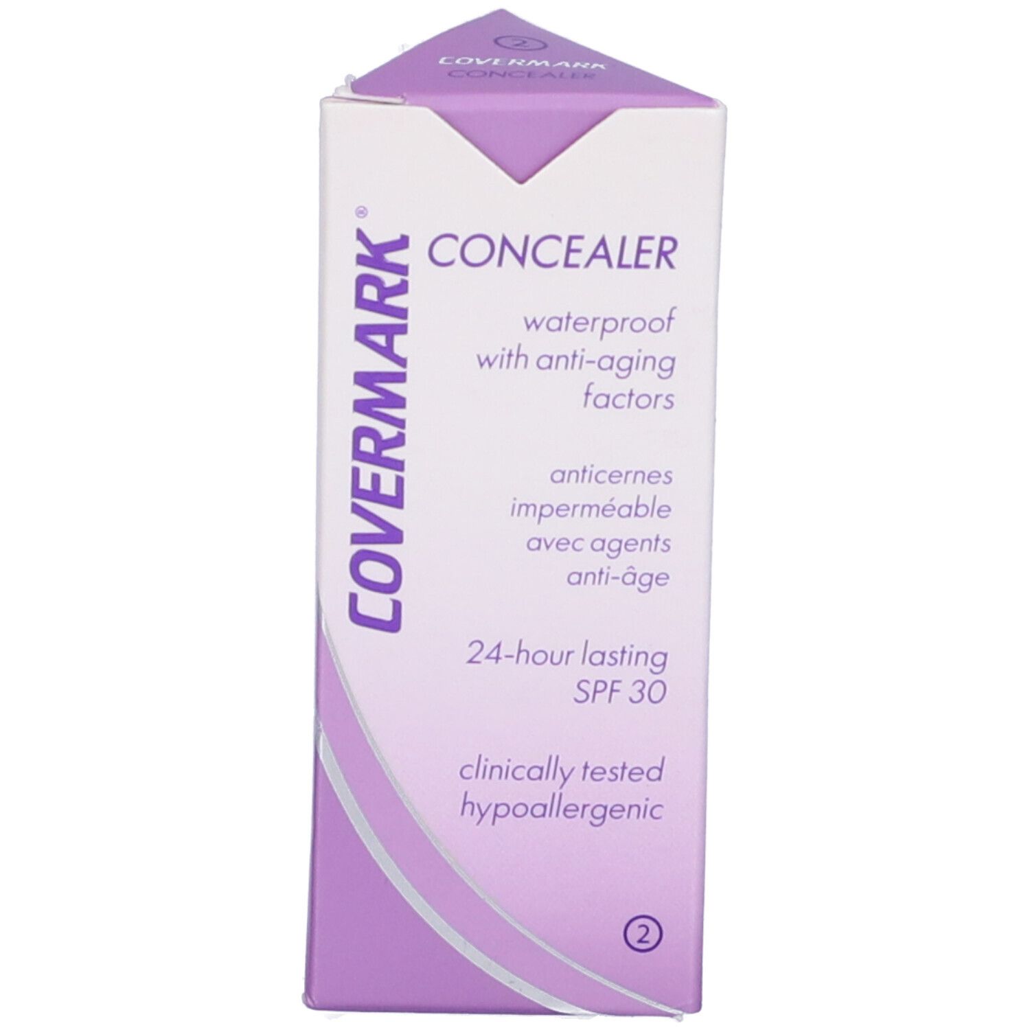 Confezione lilla con testo bianco. "COVERMARK CONCEALER" e informazioni prodotto. Forma angolare.