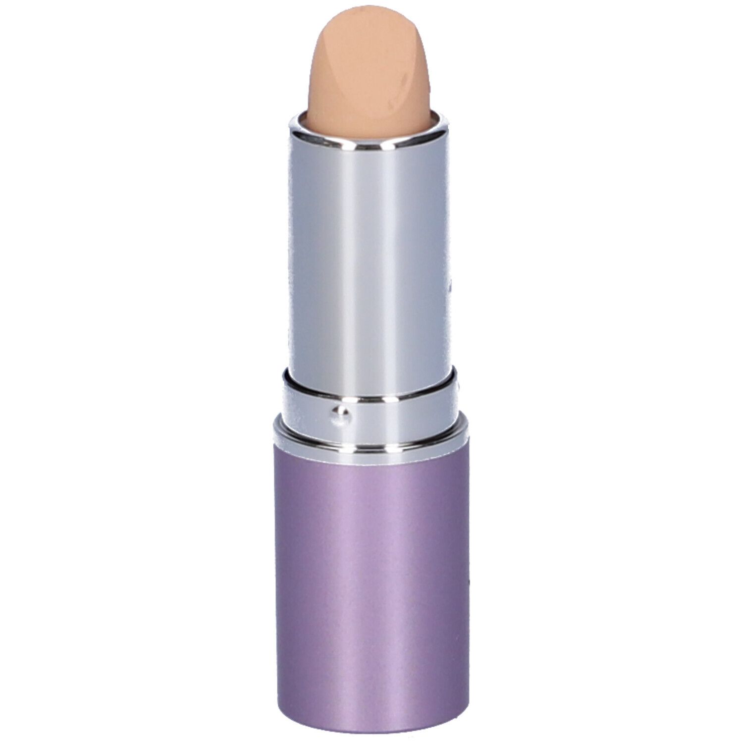 Stick correttore beige con corpo argento e astuccio viola. Lo stick è estratto.